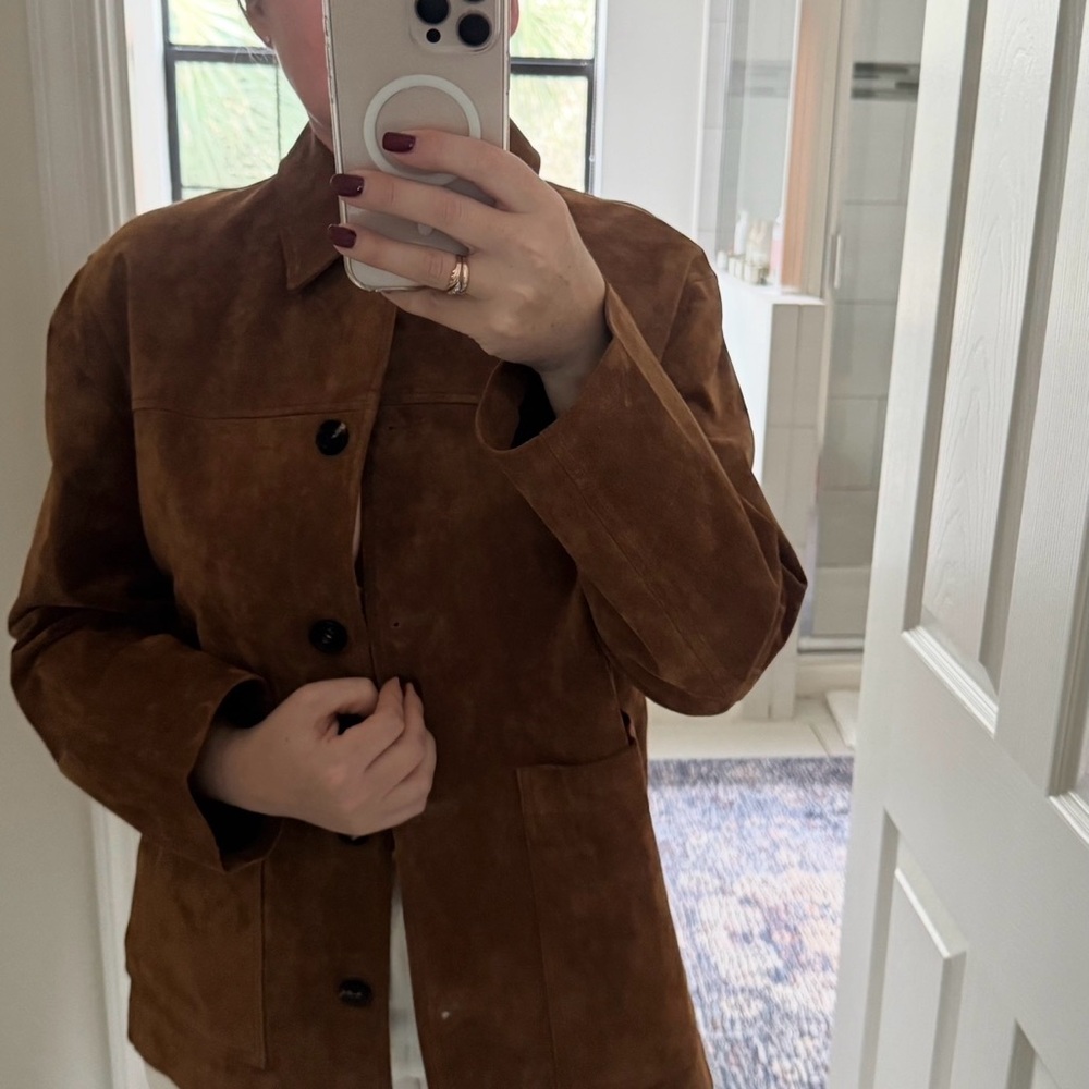 ZARA Leather Collection Suede Jacket Brown Button Front Overshirt Size M - Picture 3 of 5